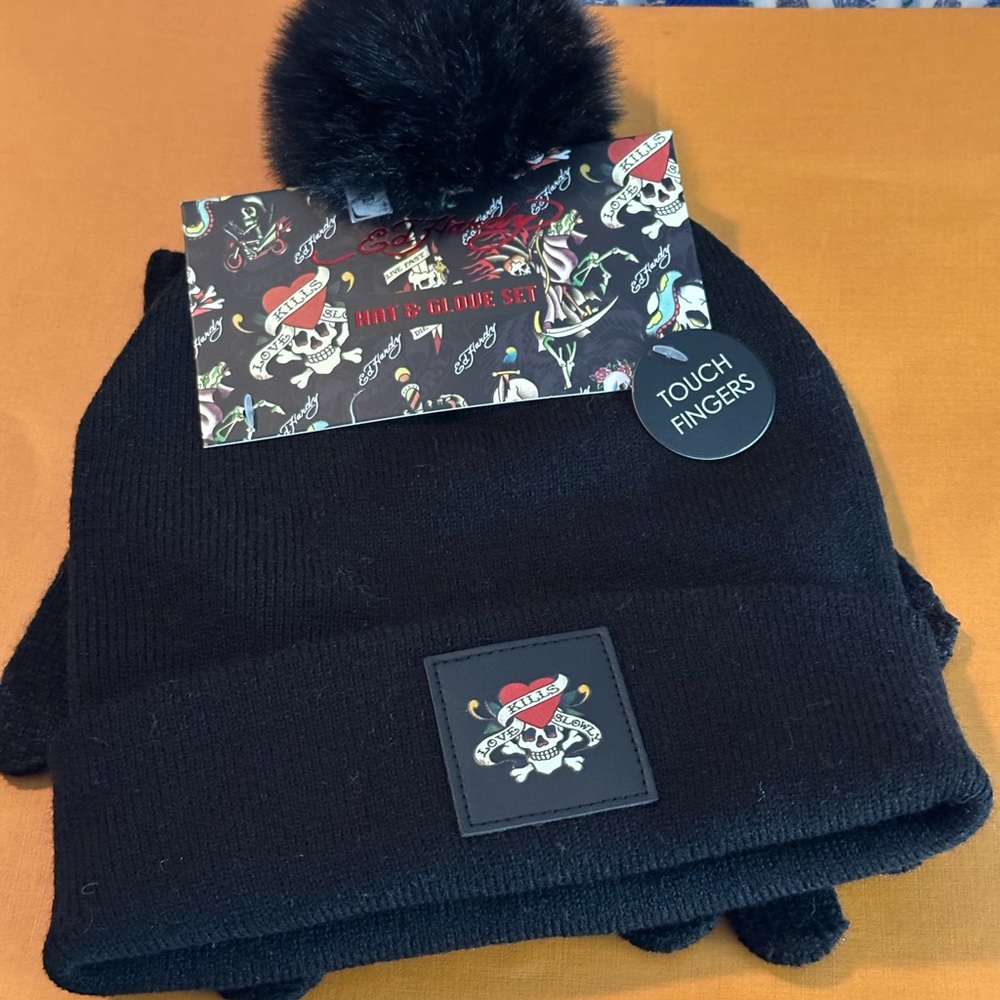 Ed Hardy Black Hat with Faux Fur Pom Pom & Touch Screen Glove Set